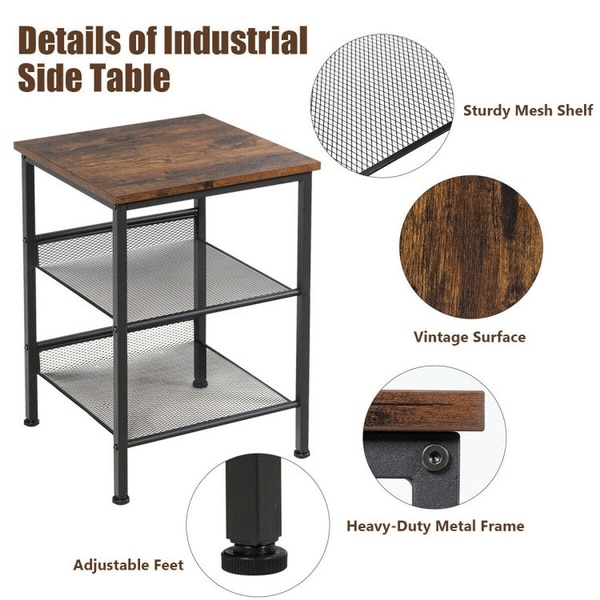 3 Tier Industrial End Table with Mesh Shelves and Adjustable Shelves