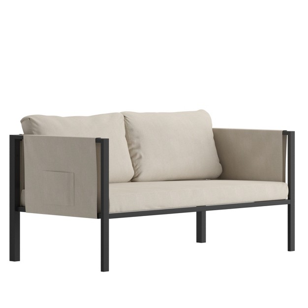 Emma And Oliver Indoor Outdoor Patio Loveseat Steel Framed Club Chair With Cushions And 2 Storage Pockets