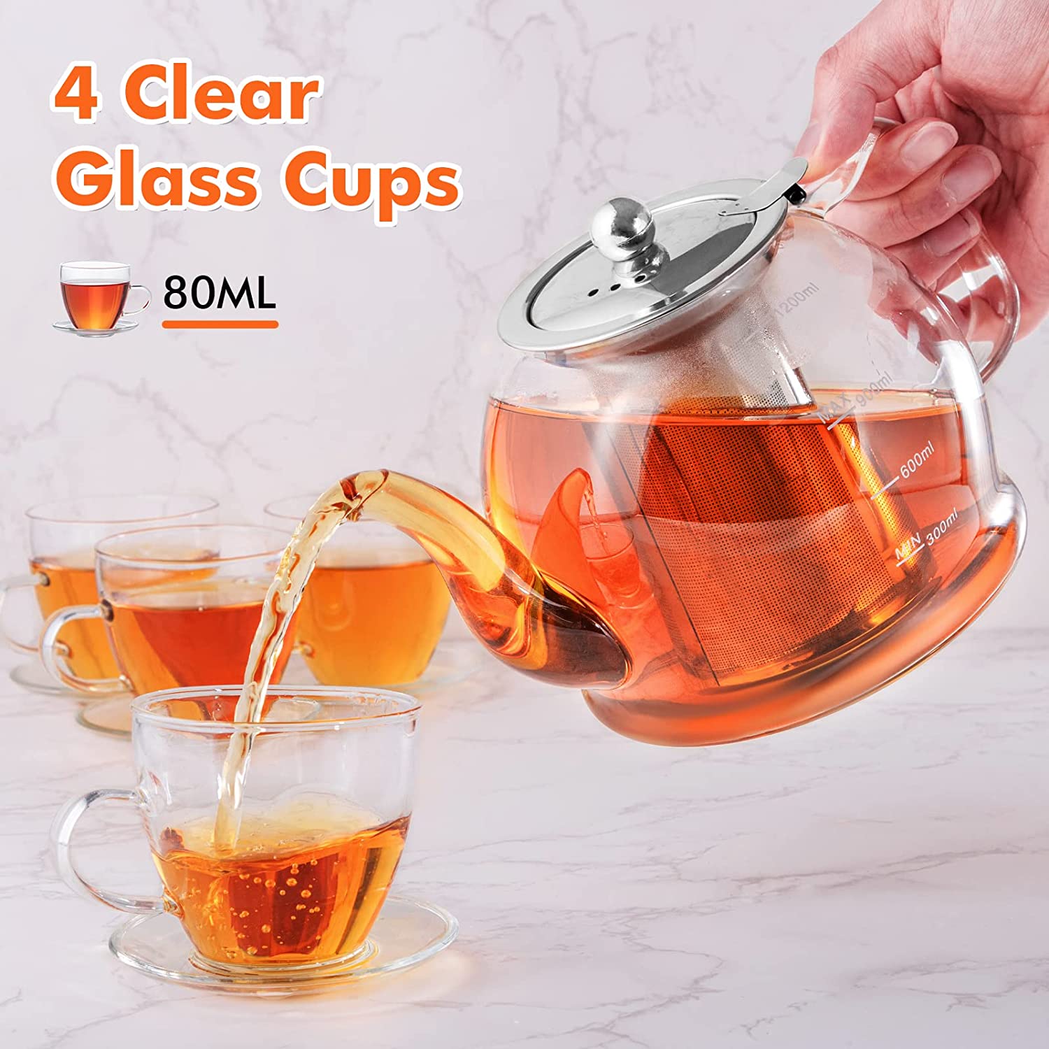 MINO ANT Tea Set ¨C 1200ml Glass Teapot with Removable Stainless Steel Infuser, and 4 Glass Teacups, Stovetop Safe Tea Kettle Gift Set, Blooming and Loose Leaf Tea Maker Set