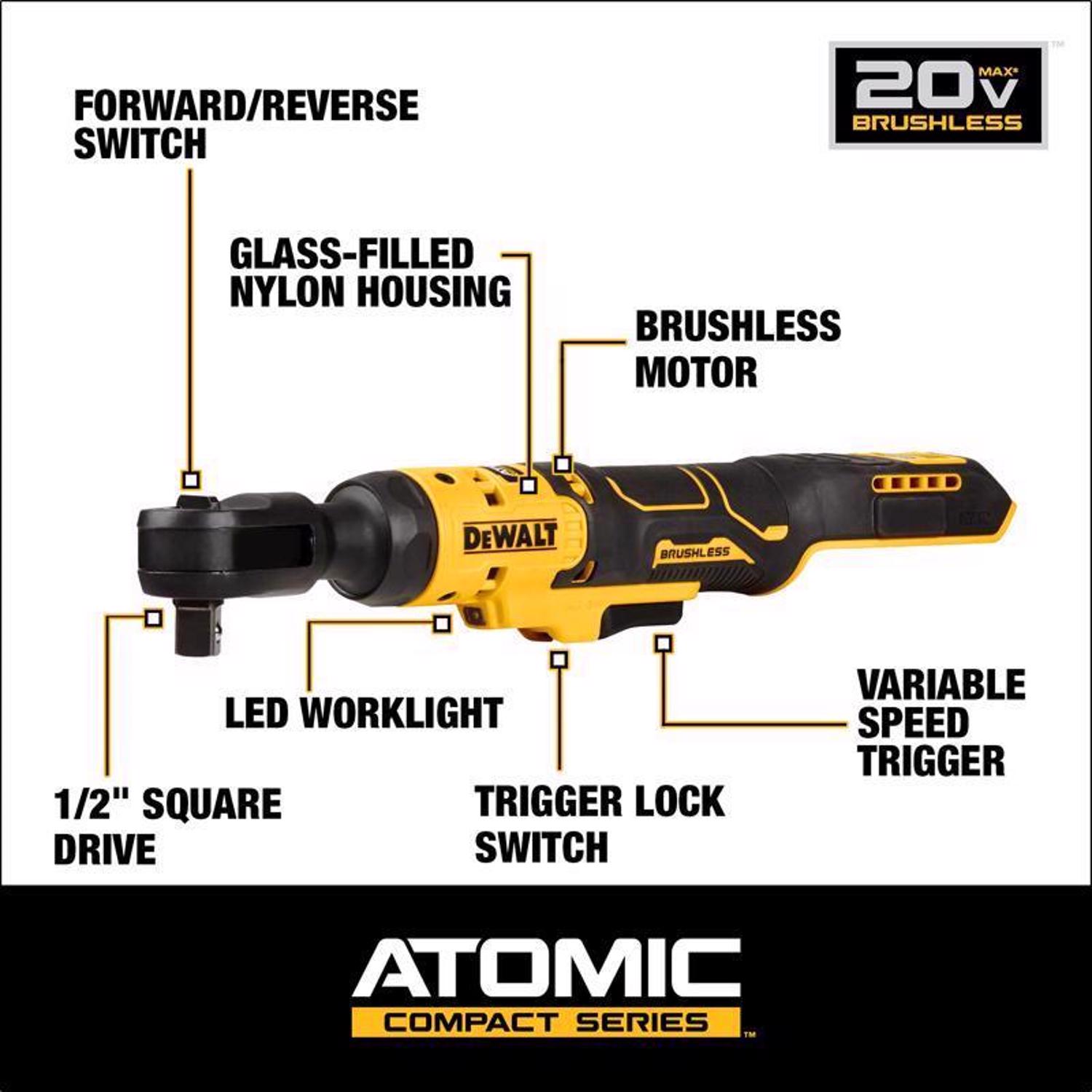 DW 20V MAX 20 V 1/2 in. Brushless Cordless Ratchet Tool Only