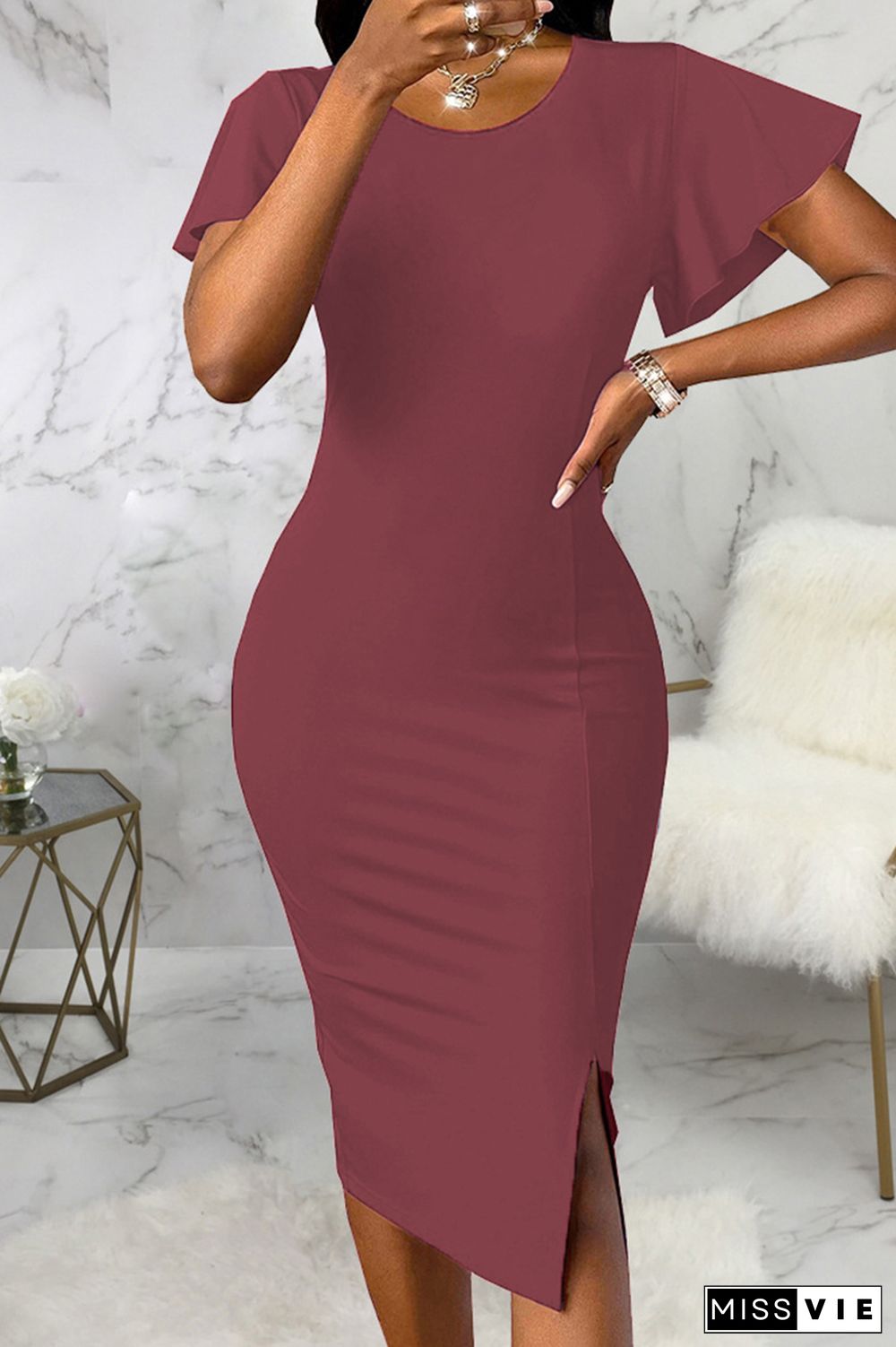 Elegant Solid Patchwork Slit Zipper O Neck Wrapped Skirt Dresses