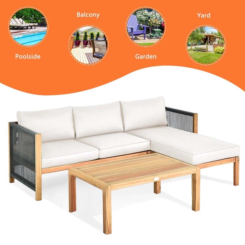 3 Pcs Acacia Wood Patio Conversation Set with Nylon Rope Armrest, L Shape Outdoor Furniture Set