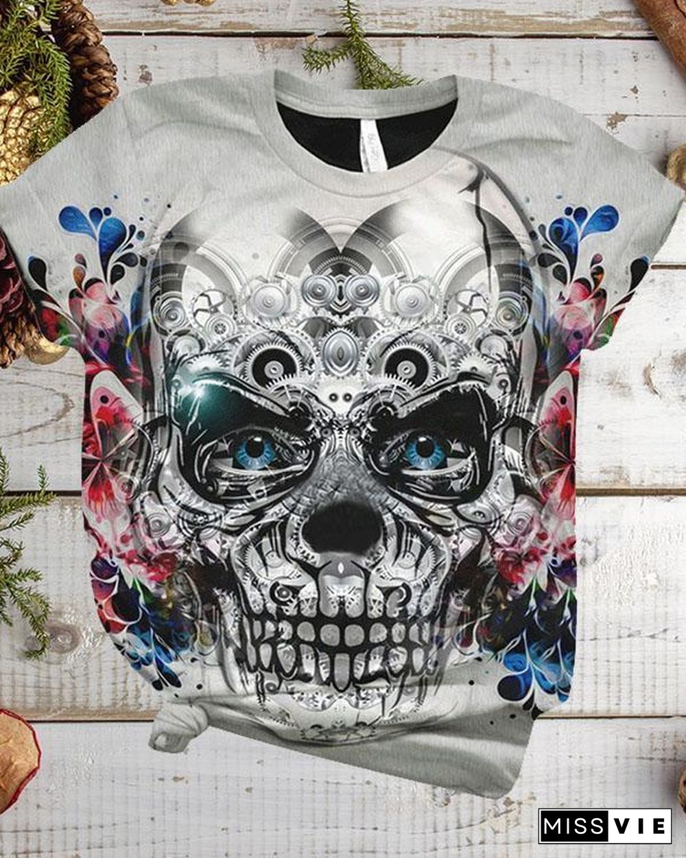 Women Plus Size Halloween Skull Flower Print Short Sleeve T-Shirts