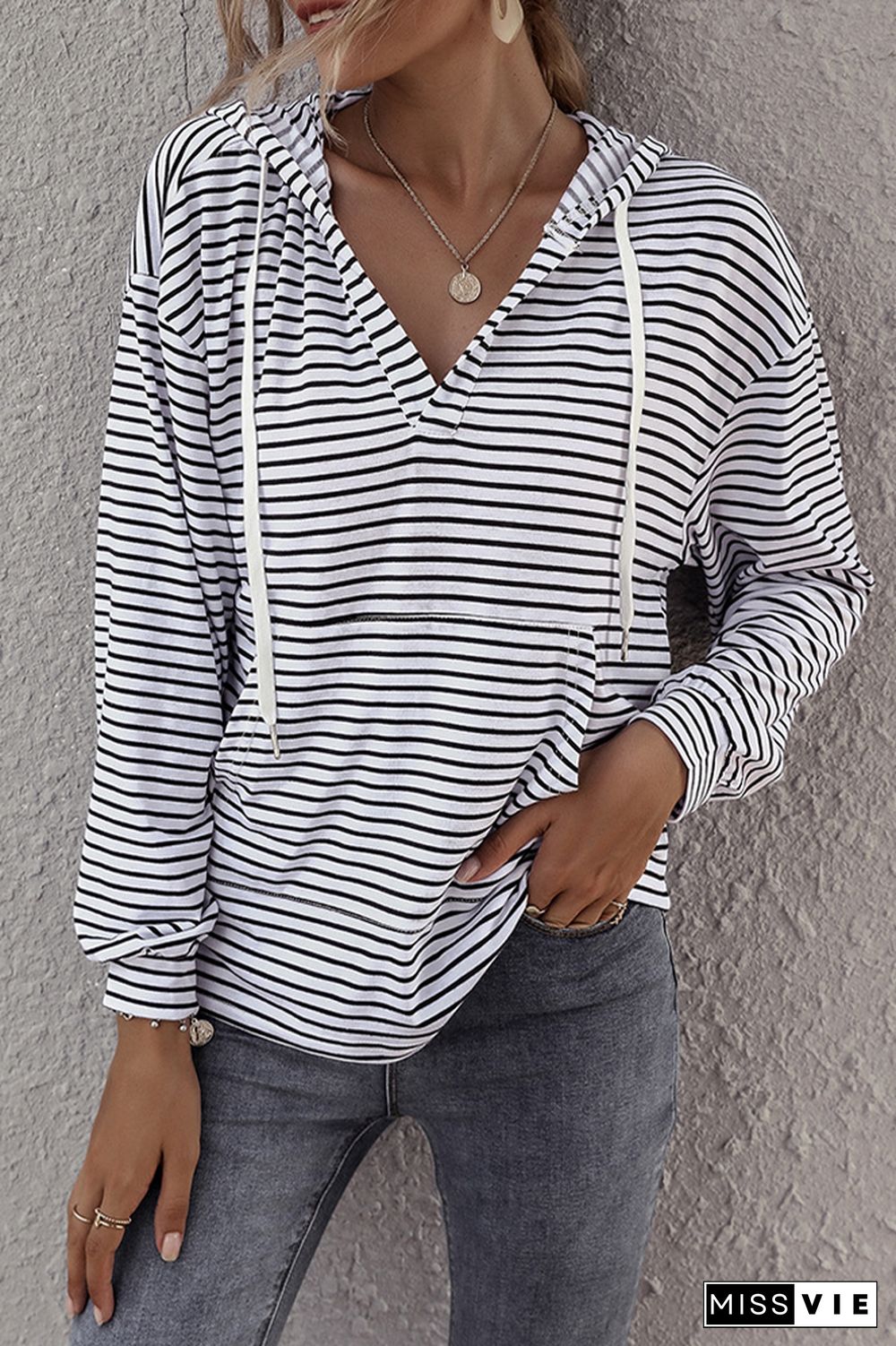 Stripes V Neck Front Pocket Drawstring Hoodies Wholesale