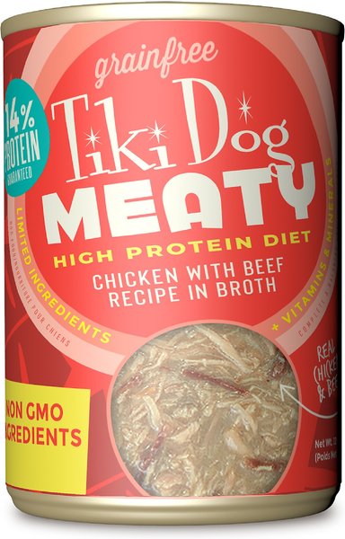 Tiki Dog Meaty Whole Foods Grain-Free Chicken and Beef Shredded Canned Dog Food， 12-oz， case of 8