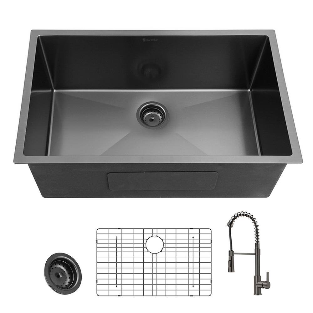 Glacier Bay Gunmetal Black Stainless Steel 31 in. 18-Gauge Single Bowl Undermount Kitchen Sink with Black Spring Neck Faucet ACS3118A1-F