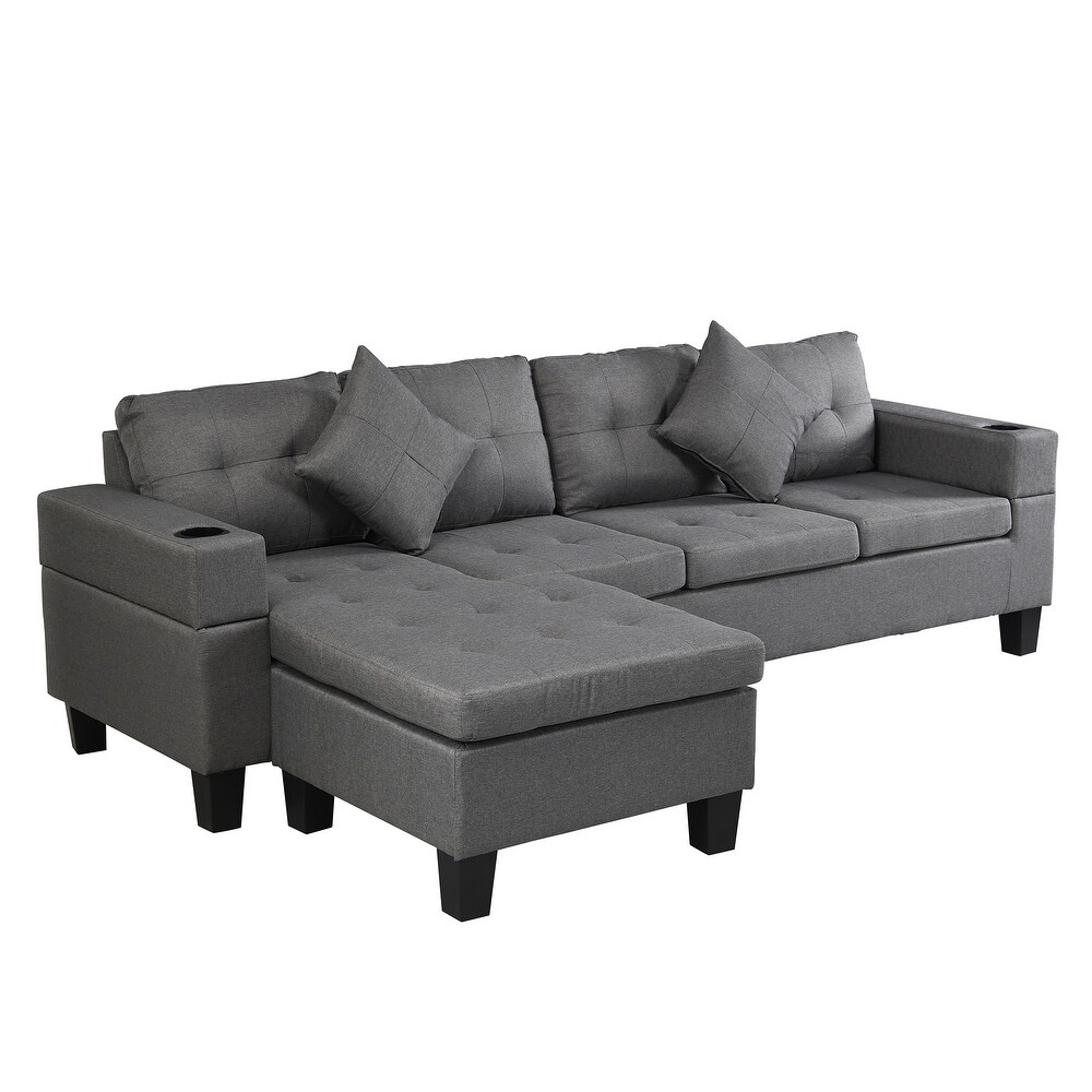 4 seat Straight Row Sectional Sofa Linen Chaise Lounge Couch with 2 Cup Holders and 2 Throw Pillows  for Living Room