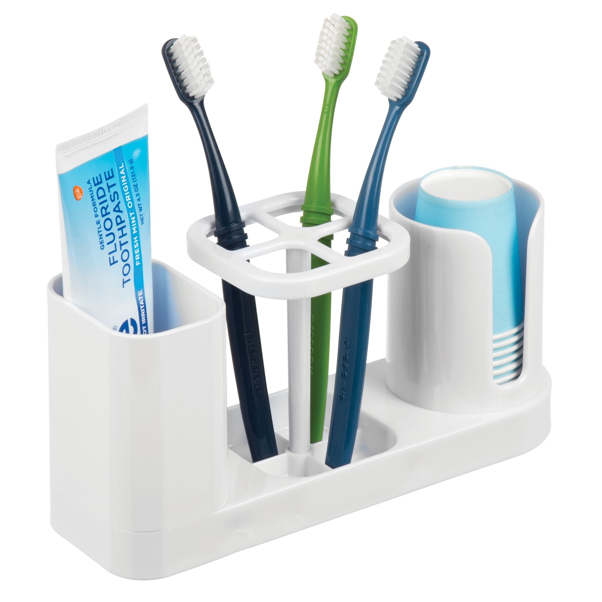 mDesign Plastic Bathroom Vanity Countertop Dental Storage Organizer Holder Stand for Electric Spin Toothbrushes/Toothpaste with Compartment for Rinse Cups - Compact Design - White