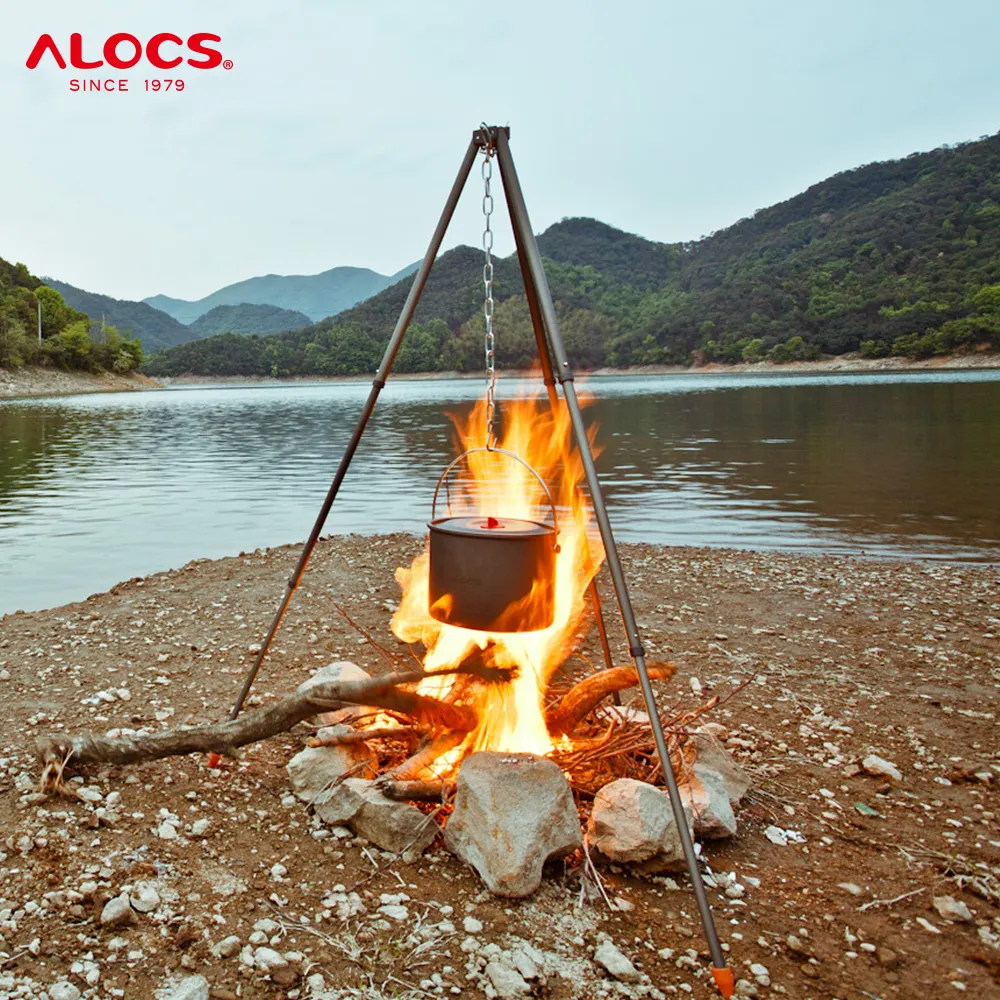 Alocs Portable Outdoor Adjustable Chain Campfire Picnic Hanging Pot Grill Stand Hanging Pot Rack Camping Tripod