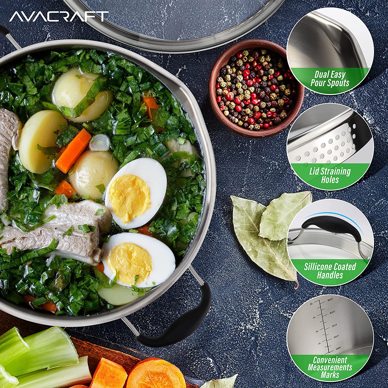 AVACRAFT Tri-Ply Stainless Steel Stockpot with Glass Strainer Lid， Side Spouts， 6 Quart Pot， Multipurpose Stock Pot， Sauce Pot (Tri-Ply Full Body， 6 QT)