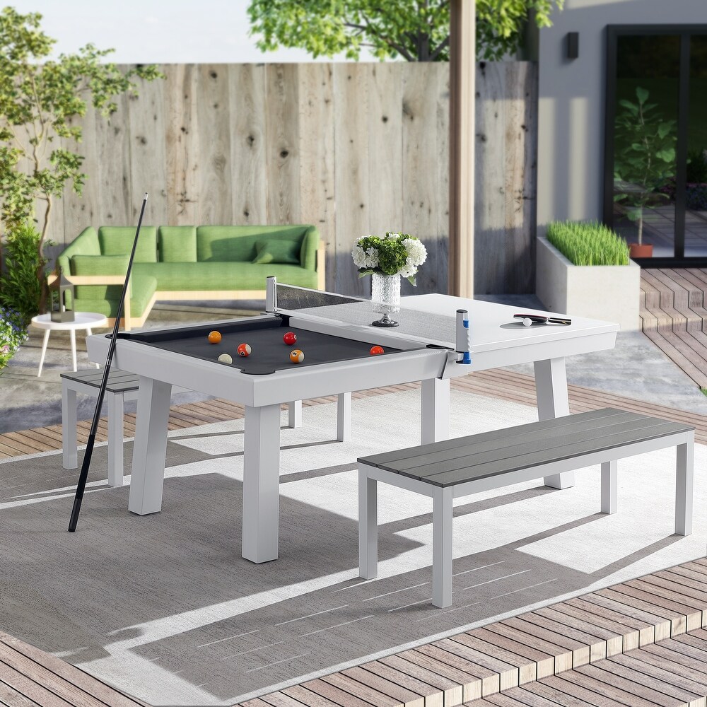 Norwalk Indoor/Outdoor 7ft Slate Pool Table Dining Set with 2 Benches   Accessories  White Finish