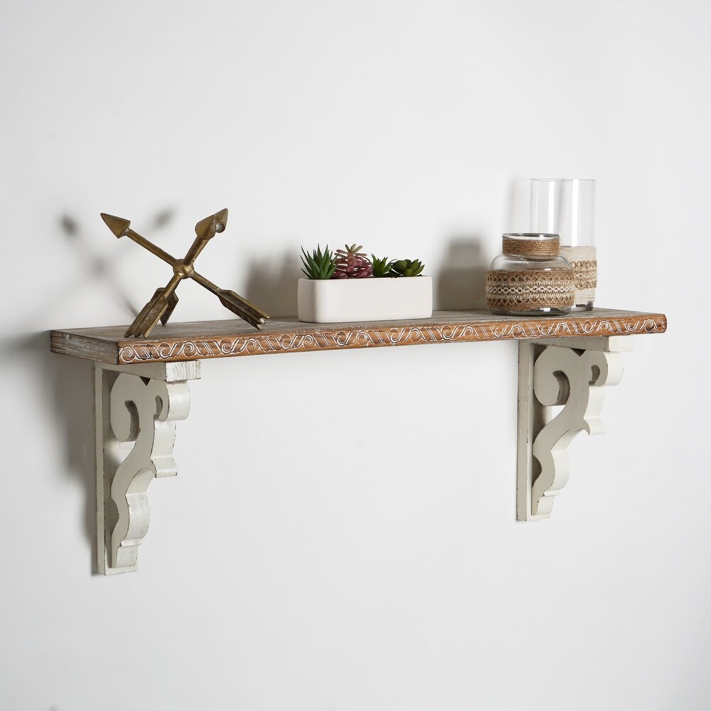 Whitewashed Antique Wood Corbel Wall Shelf Brackets (Set of 2)