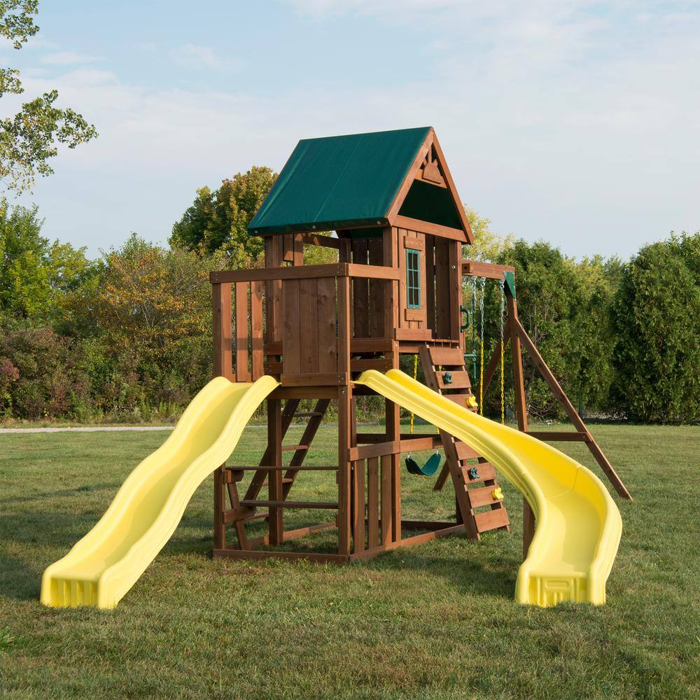 Swing-N-Slide Playsets Castlebrook Ready-To-Assemble Wooden Outdoor Playset with 2 Slides Rock Wall Swings and Swing Set Accessories WS 8355