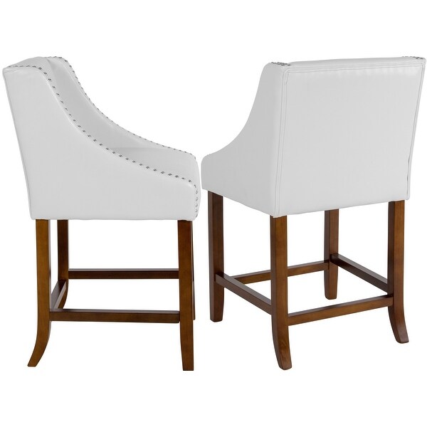 White Bonded Leather Upholstered Counter Height Dining Stools with Nailhead Trim