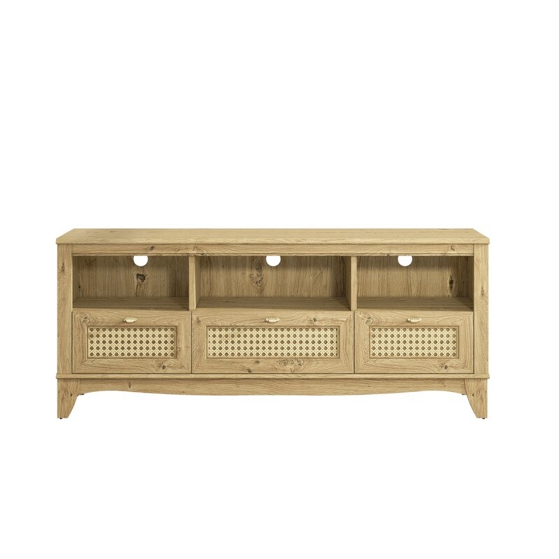 55 inch Rustic Wood TV Stand with Wicker Door Design for TVs up to 65\