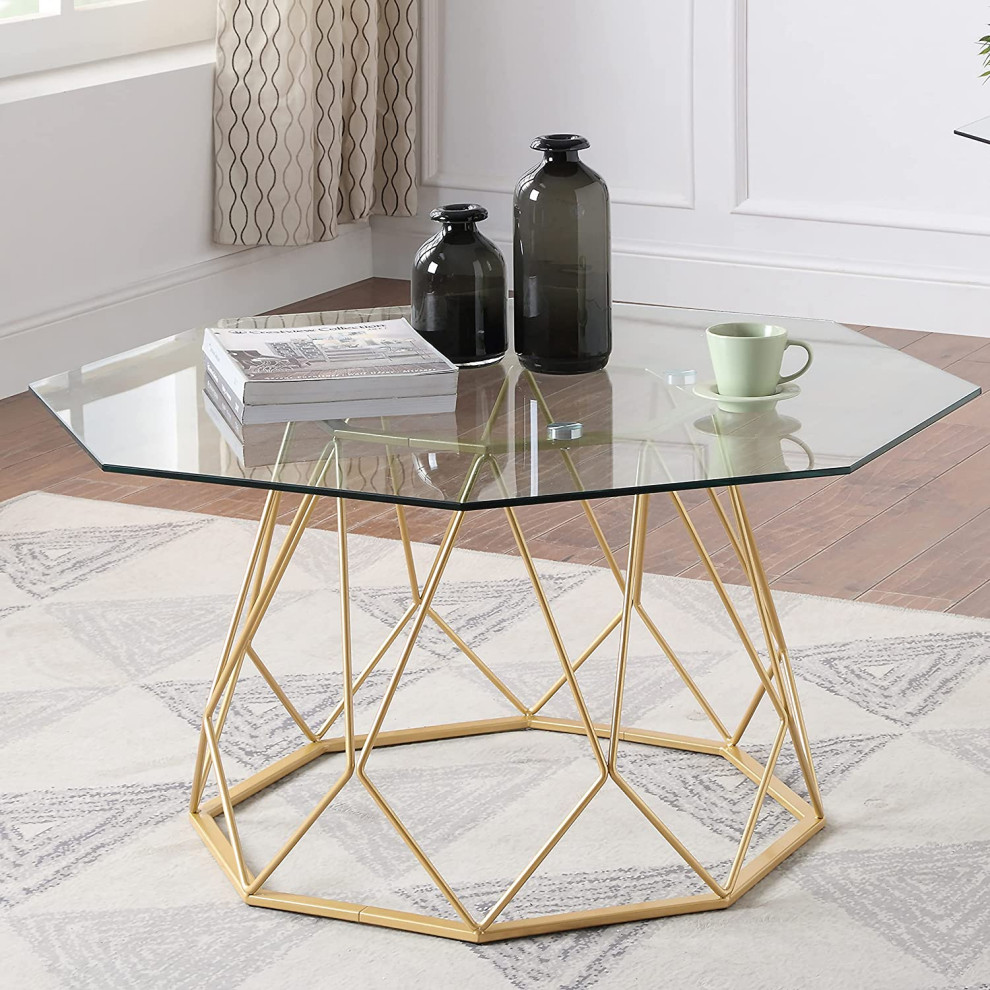 Contemporary Coffee Table  Golden Geometric Base With Tempered Glass Top   Midcentury   Coffee Tables   by Declusia  Houzz