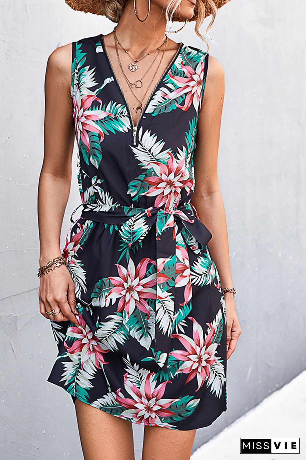 Sleeveless Zip Neck Floral Print Dress Wholesale