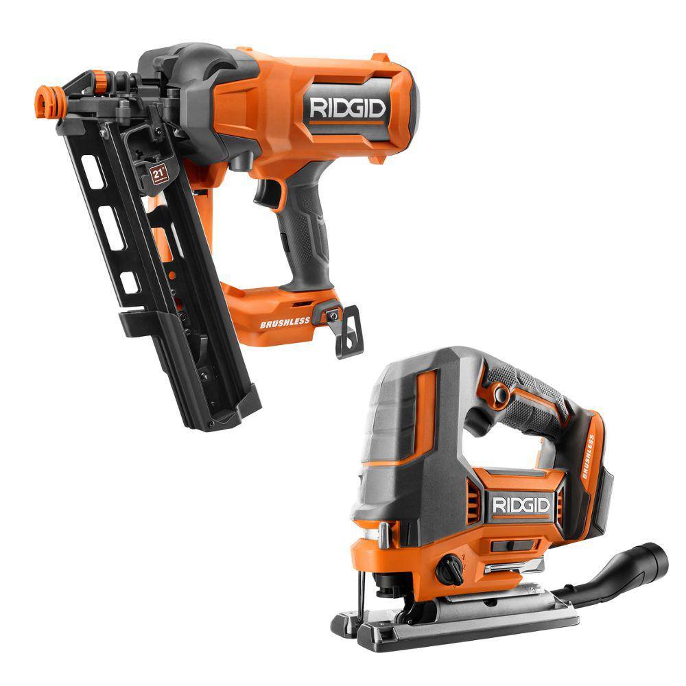 RIDGID 18V Brushless Cordless 21 3-12 in. Framing Nailer with Brushless Jig Saw (Tools Only) R09894B-R8832B