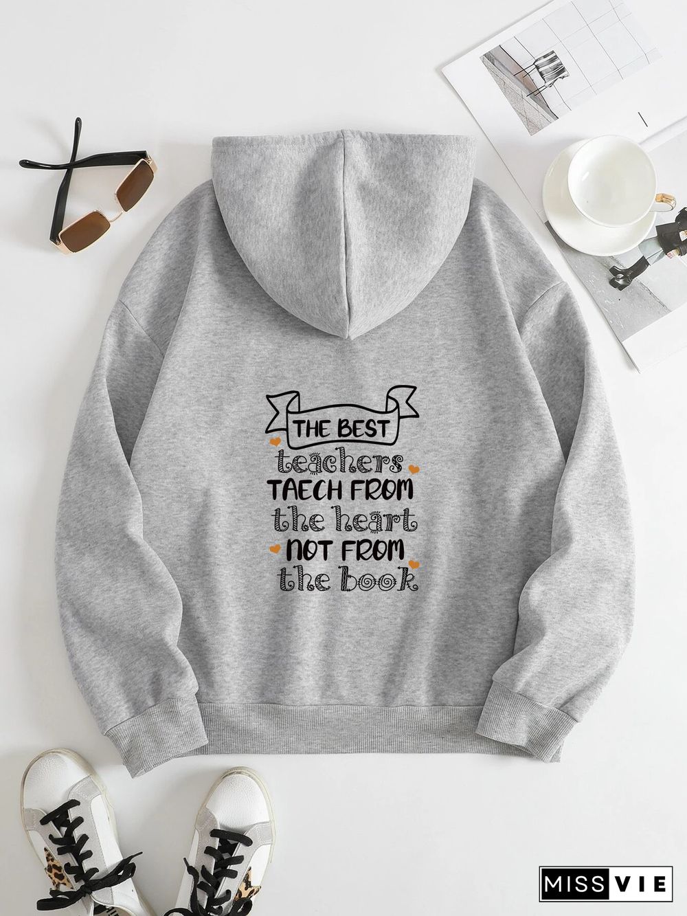 Printed on the Back Kangaroo Pocket Hoodie Long Sleeve for Women Pattern Best teacher greetings