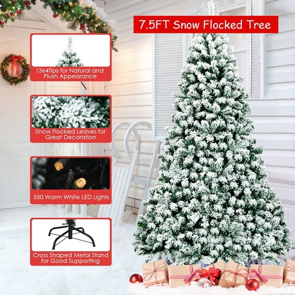 Gymax 7.5ft Prelit Snow Flocked Christmas Tree Hinged Pine Tree