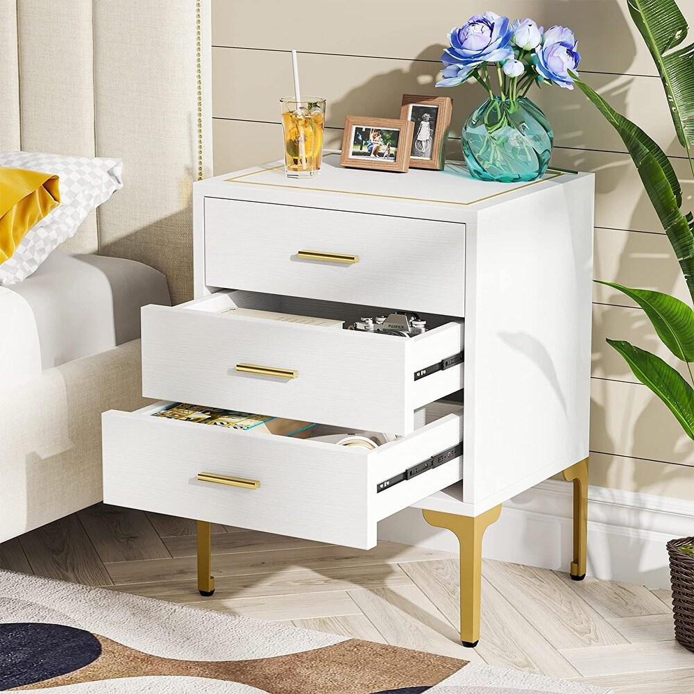 White Gold 3 Drawers Nightstand with Gold Square Side Top Tall Legs