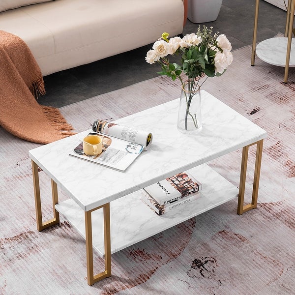 Simple Double-layer Iron Pipe Marble Rectangular Coffee Table