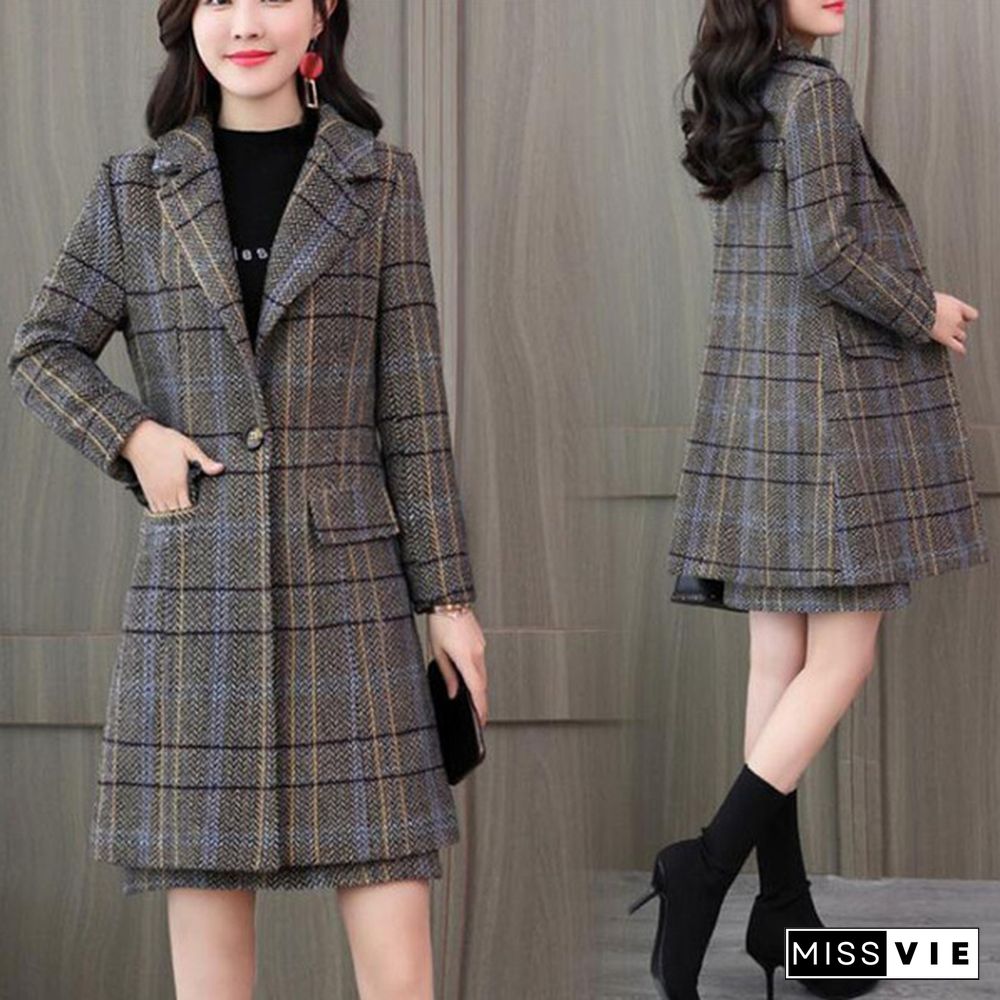 S-Xxl Women's Office Suits Elegant Plaid Trench Coat And Skirt 2 Piece Set Work Outfit Long Jacket With Skirt Autumn Winter Suits