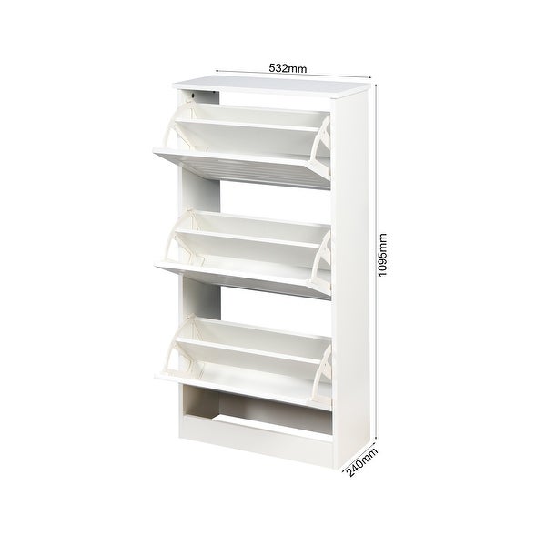 White Wooden Shoe Cabinet with 3 Flip Doors - - 35239057