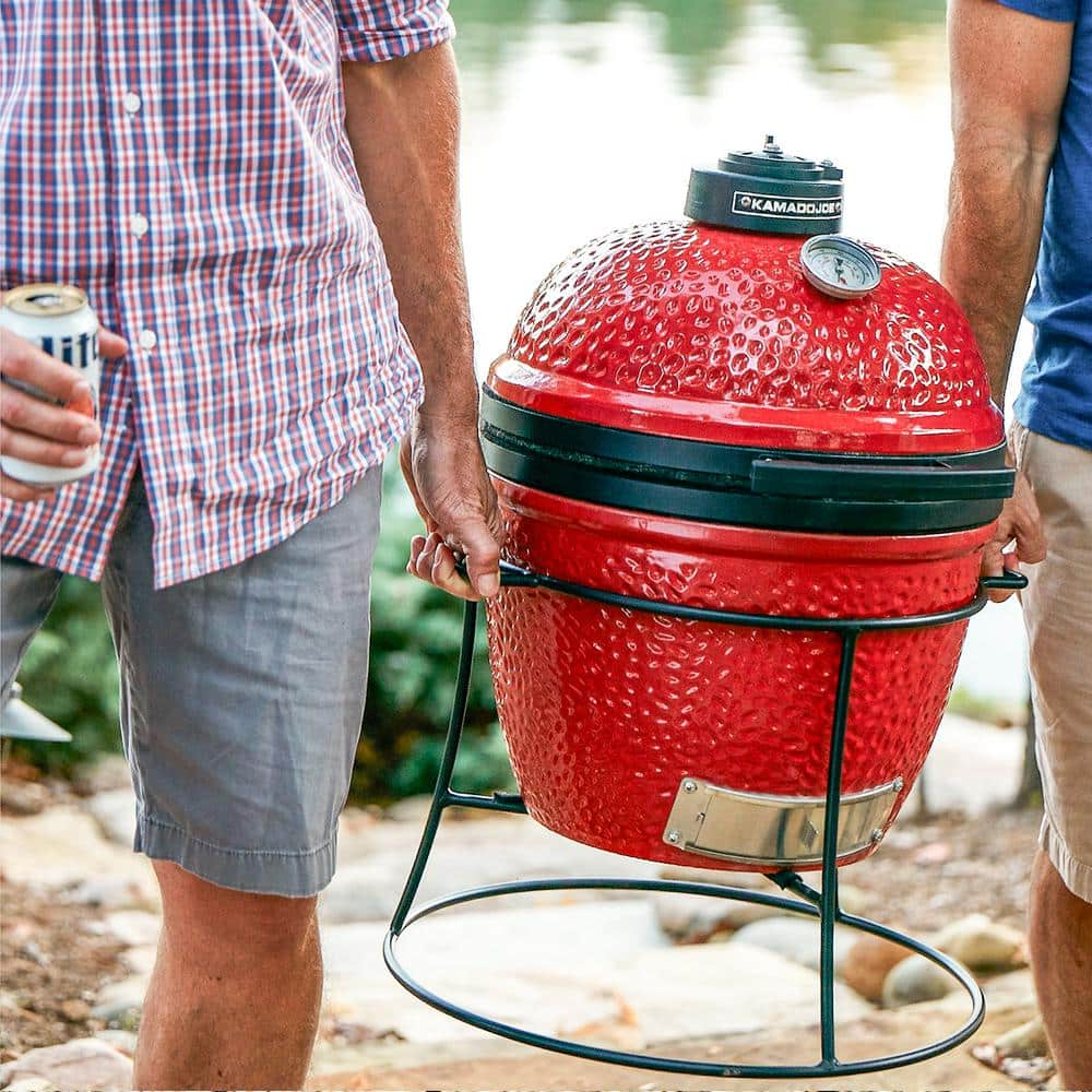 Kamado Joe Joe Jr. 13.5 in. Portable Charcoal Grill in Red with Cast Iron Cart, Heat Deflectors and Ash Tool KJ13RH