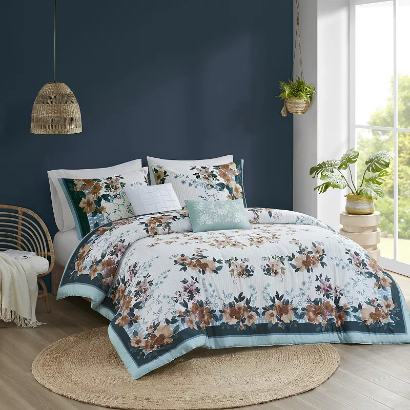 Madison Park Alaina 5-Piece Floral Cotton Comforter Set with Throw Pillows