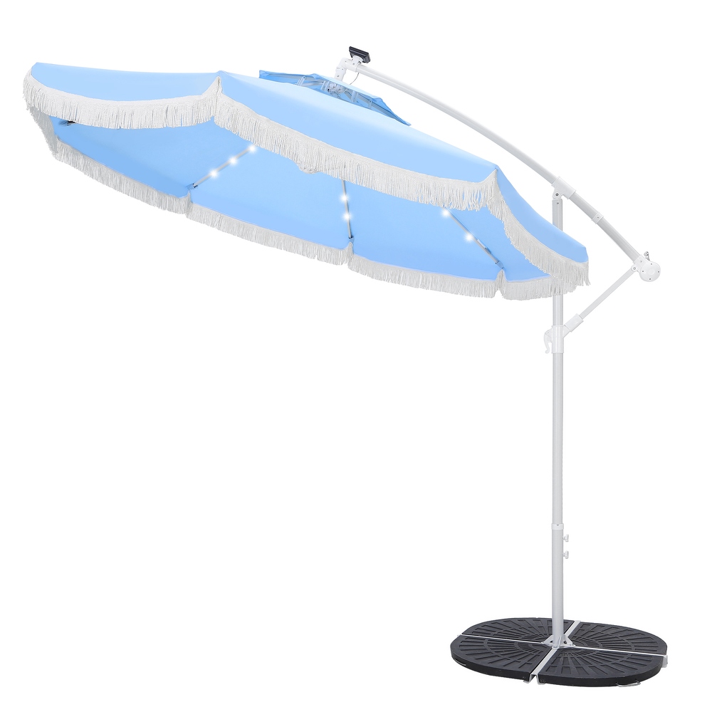 Outdoor 10Ft Double Top Crank Umbrella Patio Cantilever Umbrella with Fringe Tassel and LED Lights