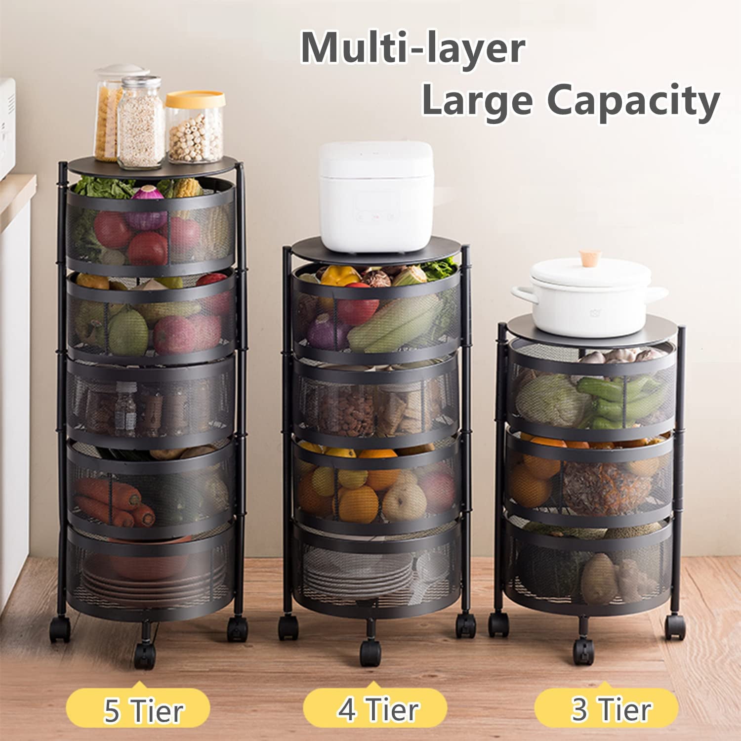 Fruit Vegetable Storage Basket Rolling Cart for Kitchen 5 Tier， Rotating Rack Bins Baskets for Shelving， Food Organizer Utility Carts Metal Shelf Stand with Wheels Drawers for Bathroom， Living Room