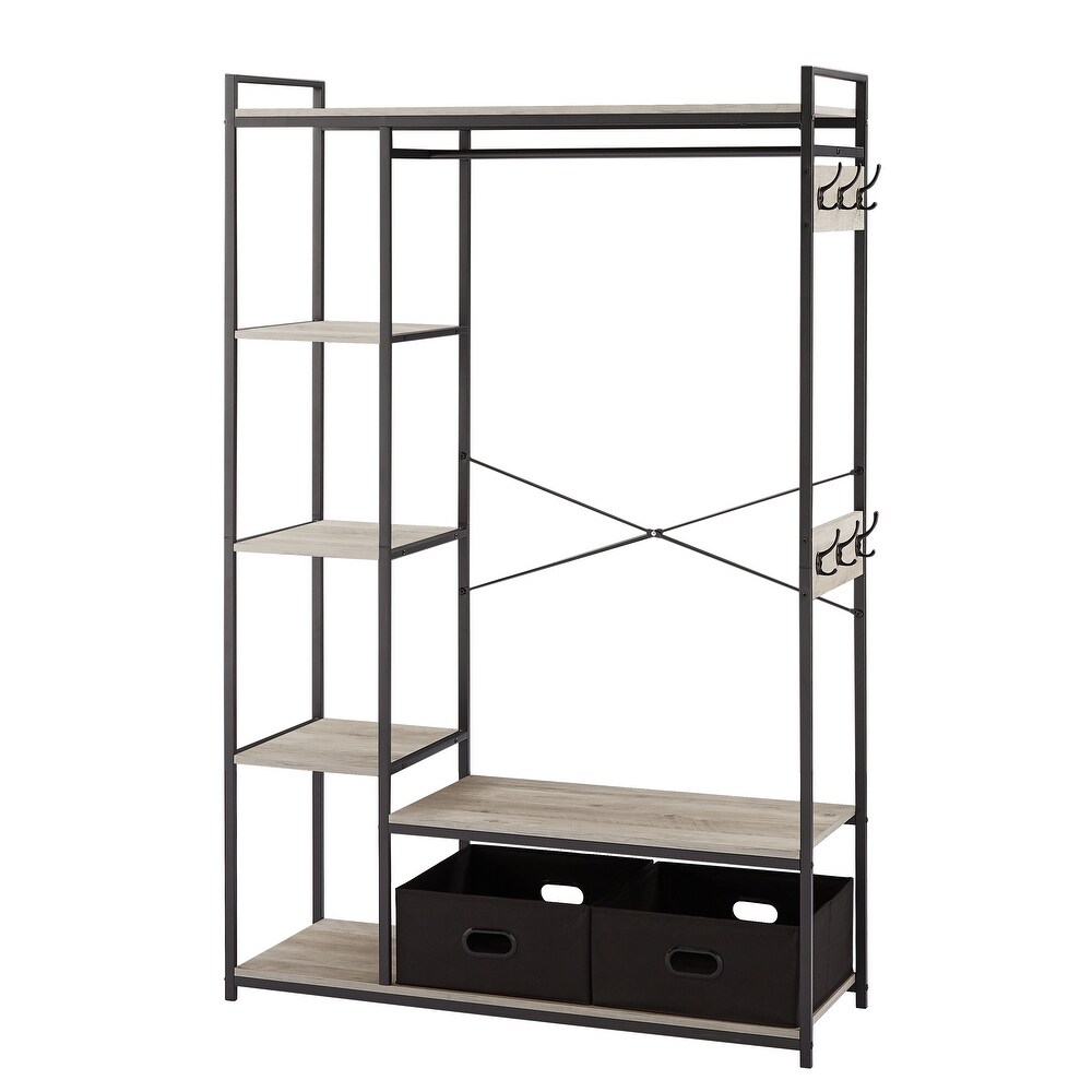 Free Standing Closet Organizer  Portable Garment Rack with Open Shelves and Hanging Rod  Black Metal Frame