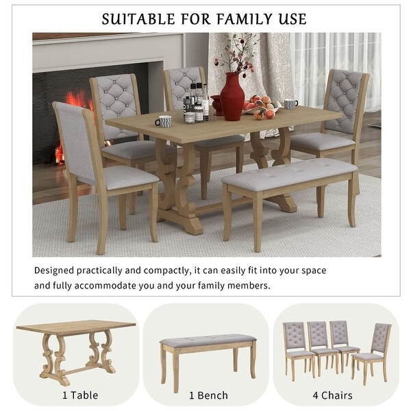 Wood Dining Table Set w/Trestle Table， 4 Upholstered Chairs and Bench， 6-Piece Set