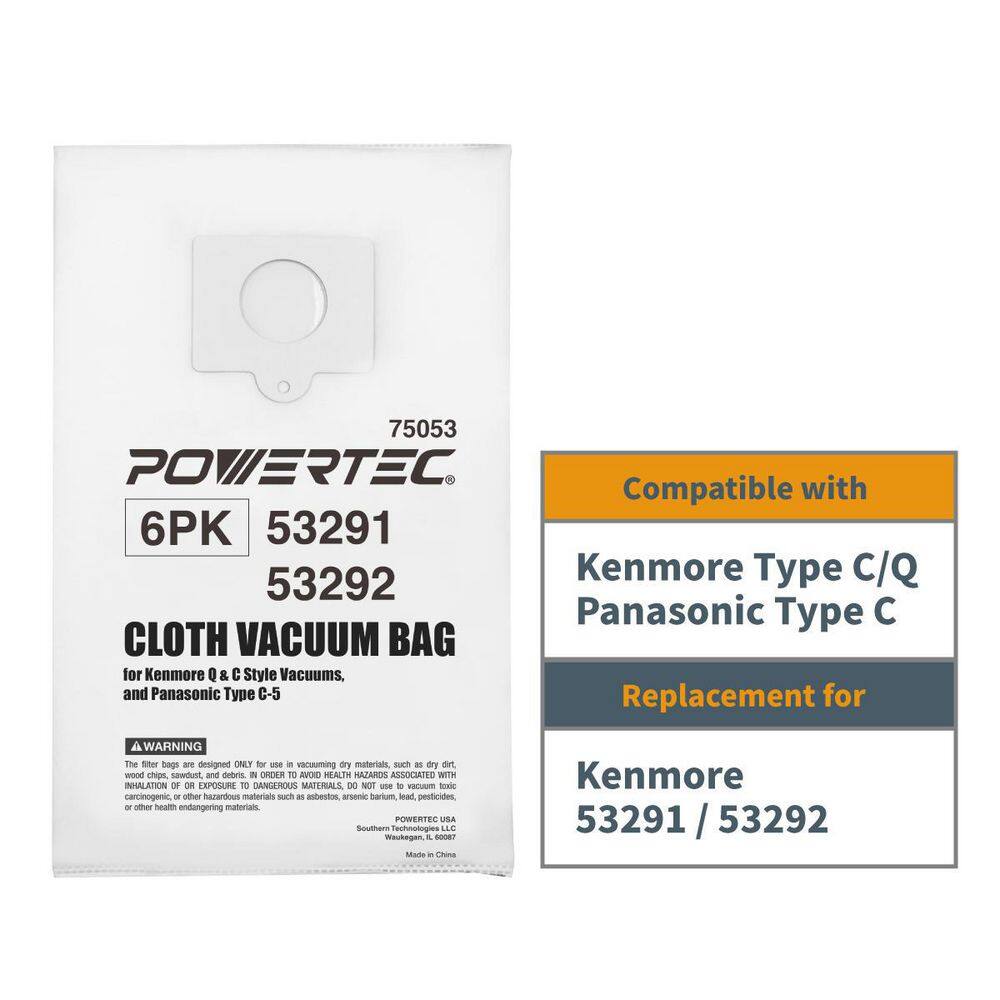 POWERTEC HEPA Cloth Vacuum Bag Replacement for Kenmore Q and C Style Vacuums and Panasonic Type C-5 (6-Pack) 75053