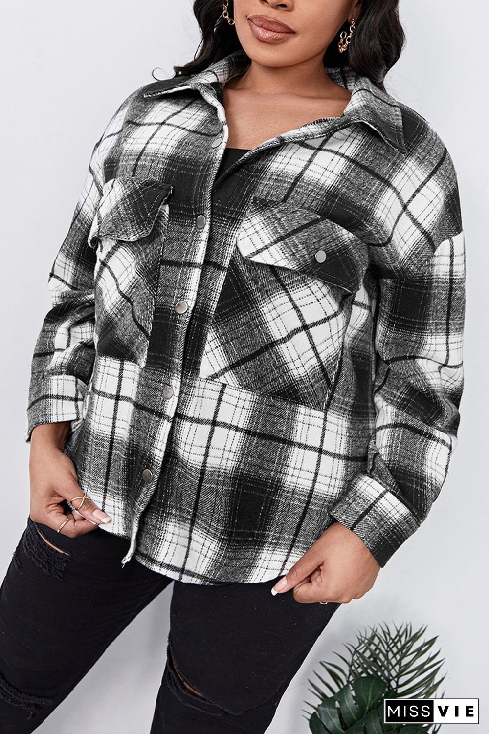 Black Pocketed Plaid Plus Size Jackets