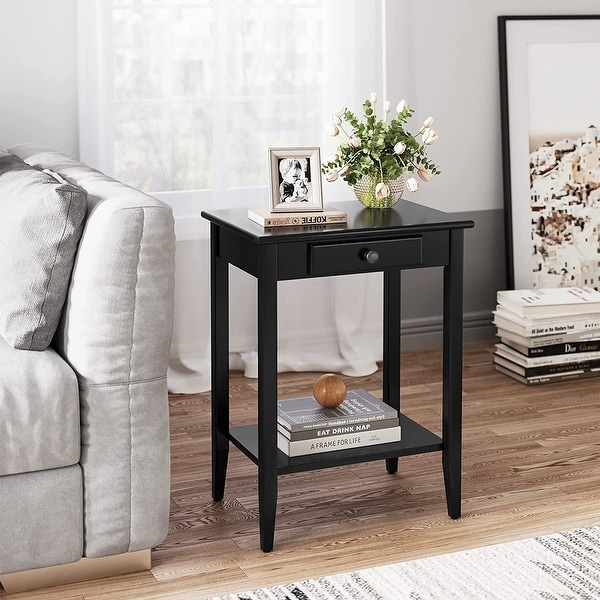 Table with Drawer Black End Table Narrow Bedside Tables with 2-Tier Storage Shelves Versatile Night Stand