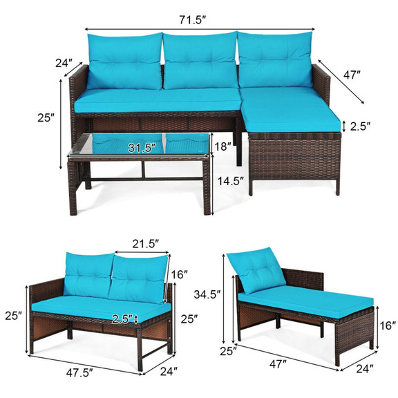 Costway 10457698 3 Pieces Patio Wicker Rattan Sofa...