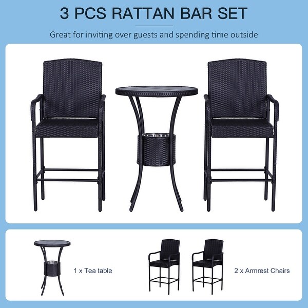 3 Pieces Rattan Wicker Bar Set with Ice Buckets，1 Bar Table and 2 Bar Stools for Poolside，Backyard，Porches