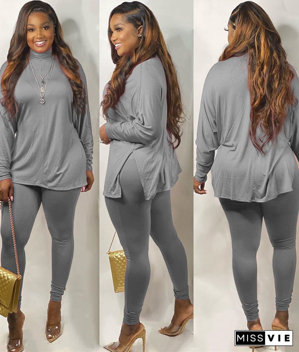 Women's Pure Color Long Sleeve Slit T-shirt Trousers 2 Piece Set