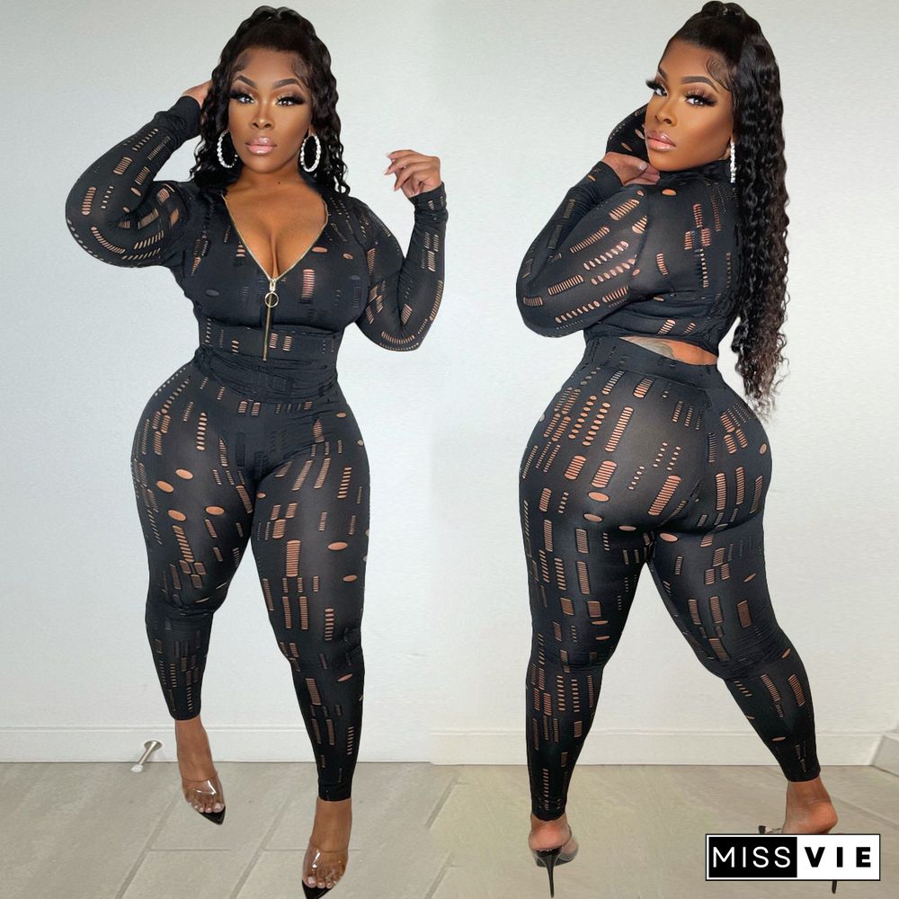 Sexy Nightclub V-neck Zipper Ripped Pants Two-piece Set