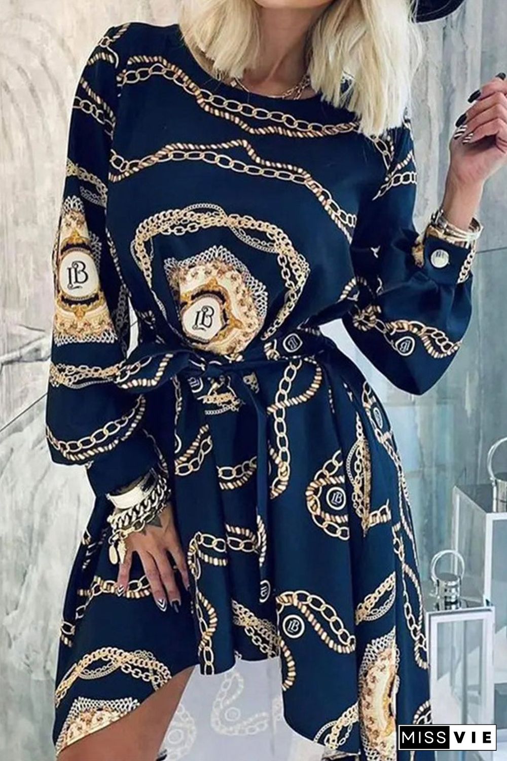 Fashion Elegant Print With Belt O Neck Asymmetrical Dresses