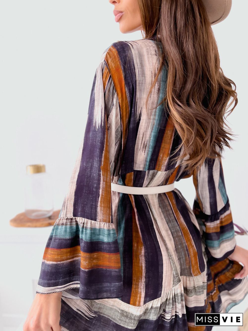 Fashion Tie Dyed V Neck Long Sleeve Dress