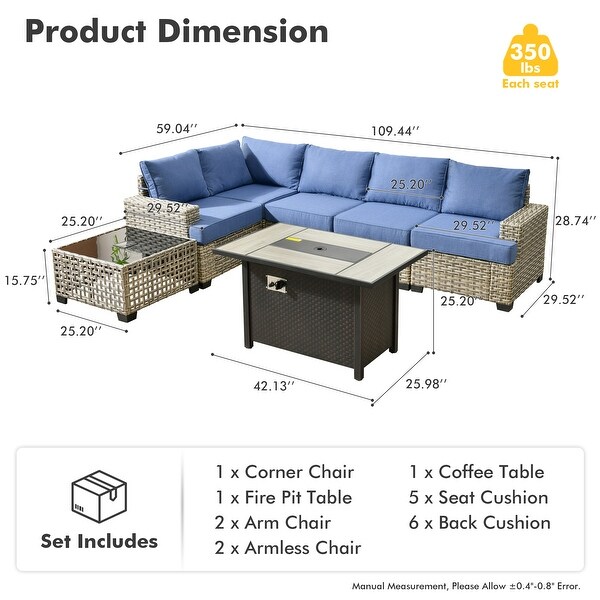 OVIOS 7 Pieces T shaped Seat Wide Armrest Set With SolarPowered Coffee TableandFire Pit