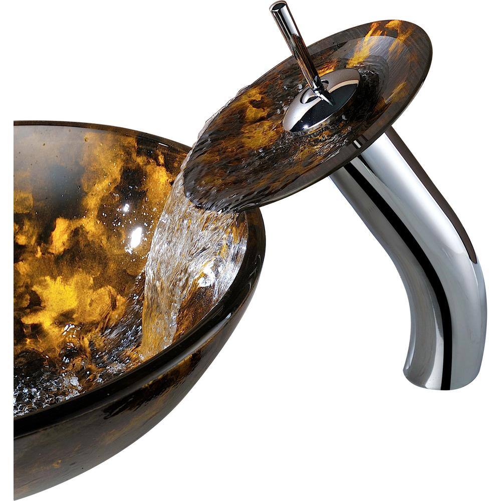 ANZZI Toa Deco-Glass Vessel Sink in Kindled Amber with Matching Chrome Waterfall Faucet LS-AZ8102