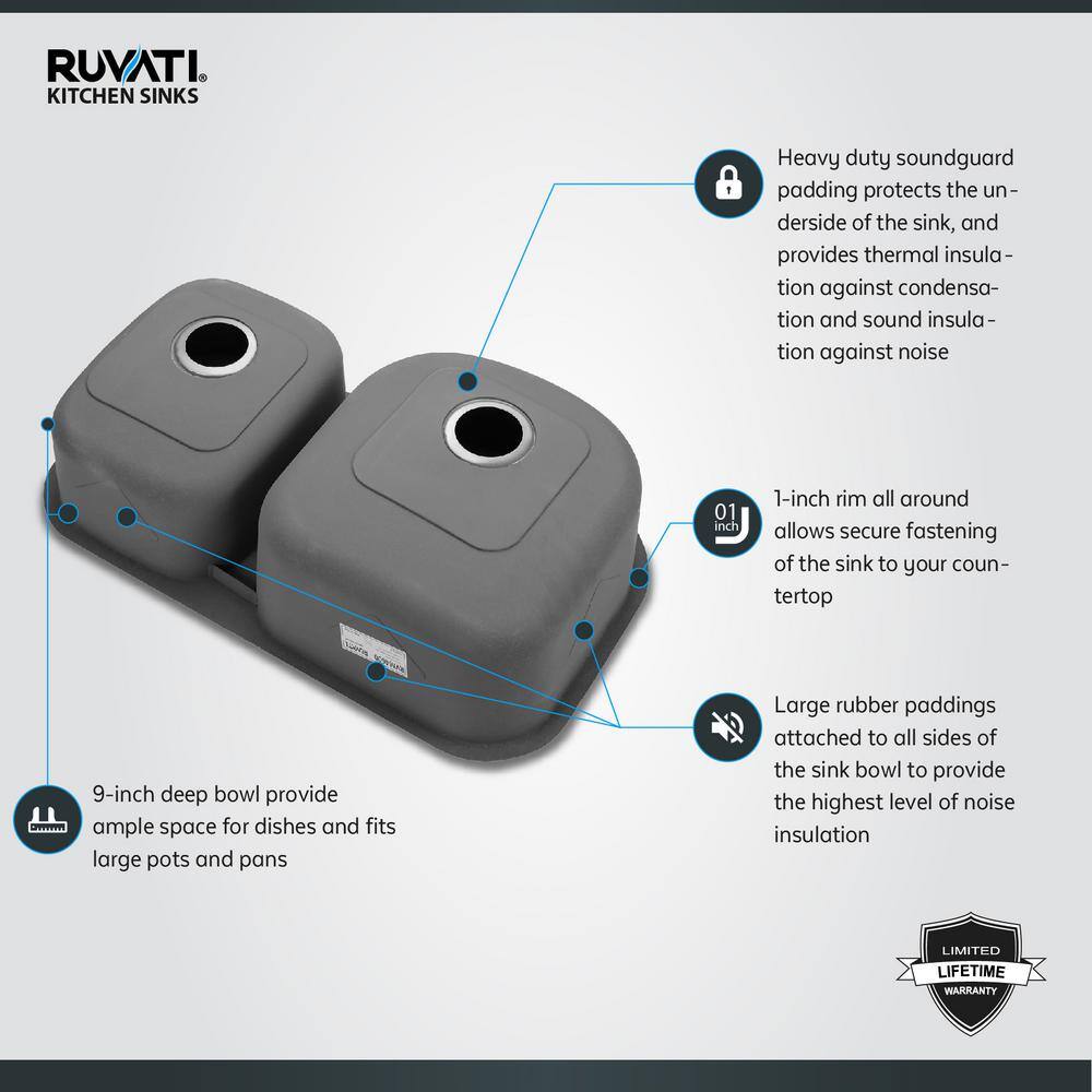 Ruvati 34 in. Double Bowl 6040 Undermount 16-Gauge Stainless Steel Kitchen Sink - Left Configuration RVM4600