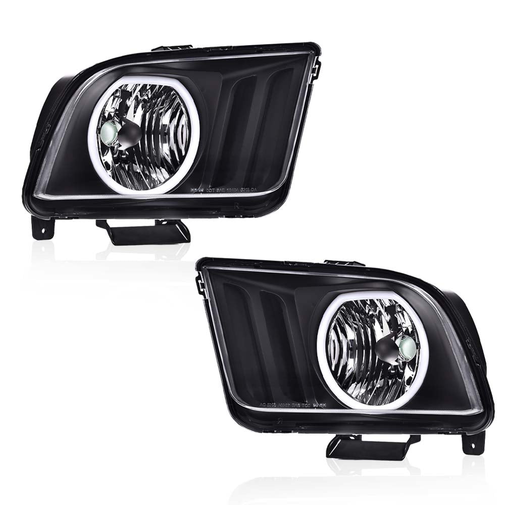 G-Plus Headlights Fit for 2005-2009 Ford Mustang Clear/Black LED DRL Halo Headlights Left and Right