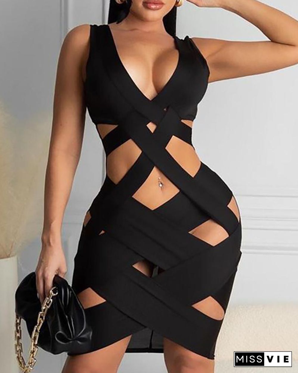 Plain Cutout Sleeveless Bodycon Dress