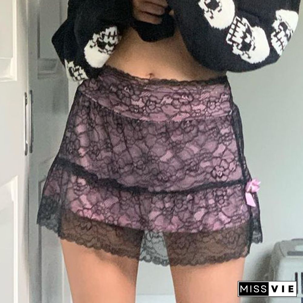 Patchwork Lace Gothic Skirt Woman Punk Style Dark Academia Aesthetic Vintage 90s Streetwear Goth Mini Skirts