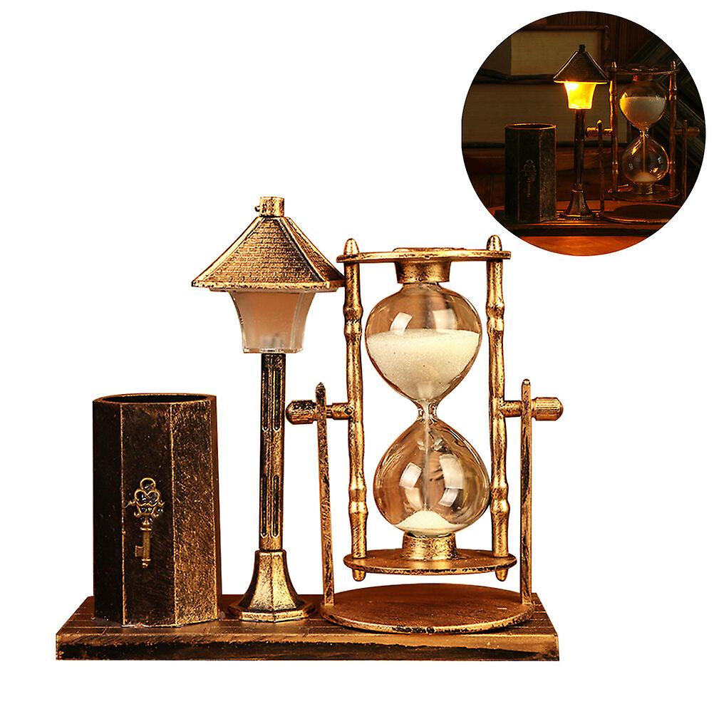 Creative Sand Glass Antique Street Lamp Hourglass Pen Holder Delicate Night Light Desktop Handicraft Gift (golden Random Style)